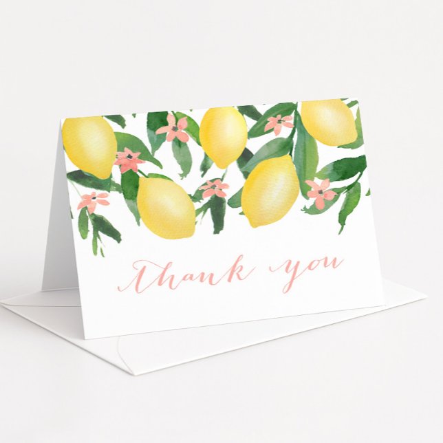 Cartão De Agradecimento Chá de Bebê ou Chá de Noiva de Limões Cítricos Ros (Lemons with pretty pink blossoms baby girl shower thank you card)