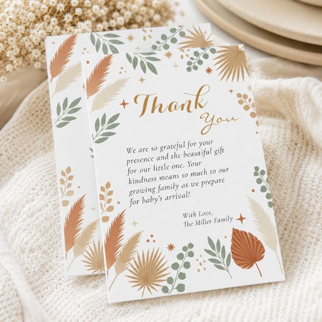 Cartão De Agradecimento Chá de Bebê Pampas Botânico Boho Terroso (Earthy Boho Botanical Pampas Baby Shower Thank You Card)
