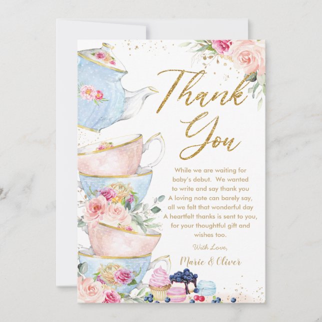 Cartão De Agradecimento Chá de Bebê Rosa com Flores para Enxoval de Bebê (Frente)