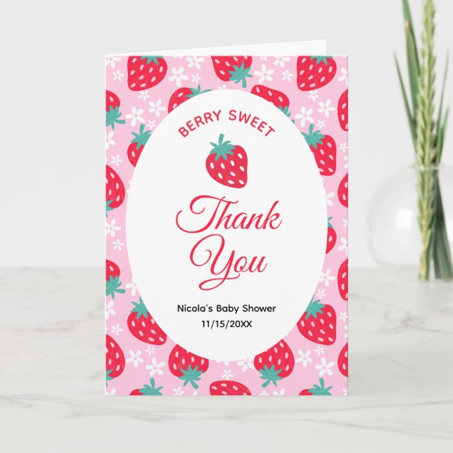 Cartão De Agradecimento Chá de Bebê Rosa Doce de Morango (Frente)