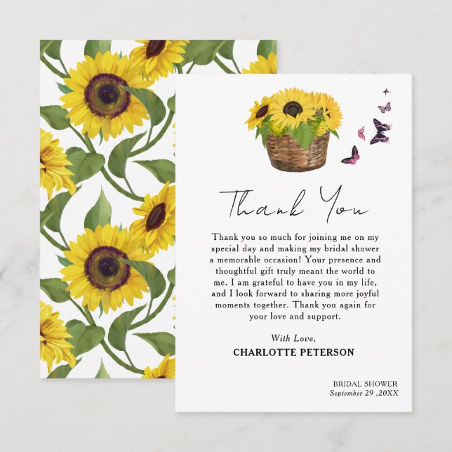 Cartão De Agradecimento Chá de Bebê Rústico Amarelo Girassol (Frente/Verso)