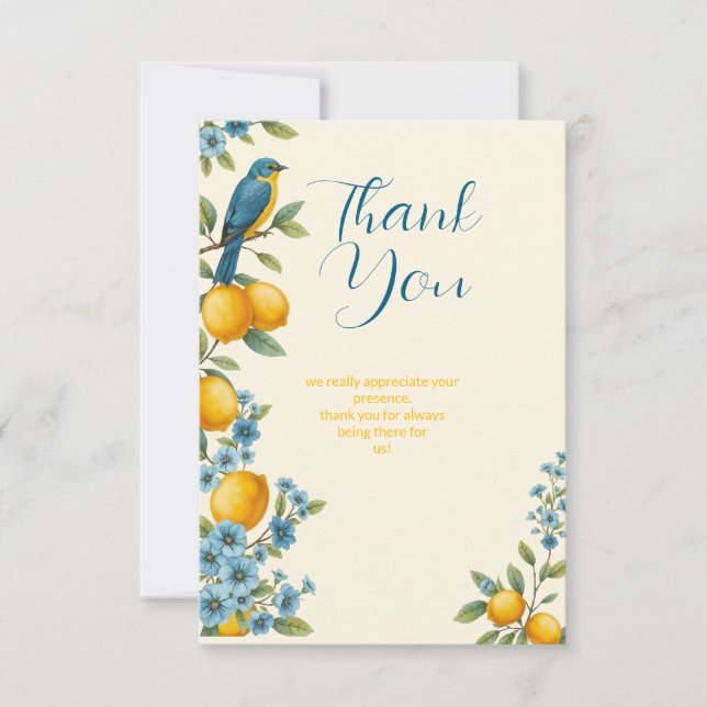 Cartão De Agradecimento Chá de bebê rústico com limão e azul-marinho (Frente)