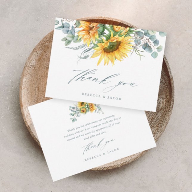 Cartão De Agradecimento Chá de Bebê Rústico Elegante de Girassóis (Elegant rustic sunflower eucalyptus wedding bridal shower thank you card.)