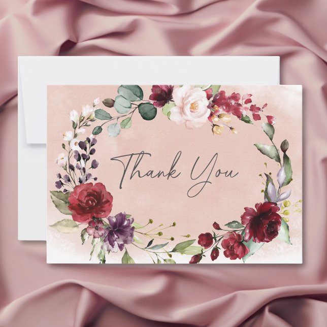 Cartão De Agradecimento Chá de Bebê Rústico em Borgonha e Rosa Bege (Rustic Burgundy & Blush Pink Roses Bridal Shower Thank You Card)