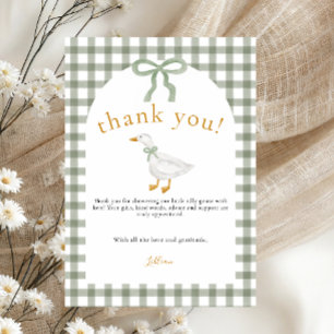 Cartão De Agradecimento Chá de Bebê Silly Goose Green Gingham Cottagecore
