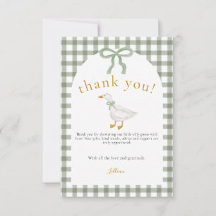 Cartão De Agradecimento Chá de Bebê Silly Goose Green Gingham Cottagecore
