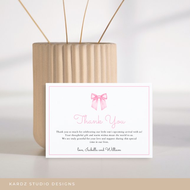 Cartão De Agradecimento Chá de Bebê Simples e Elegante com Laço Rosa (Card shown in 3.5 x 5 inches, personalize and choose paper style before checkout.)