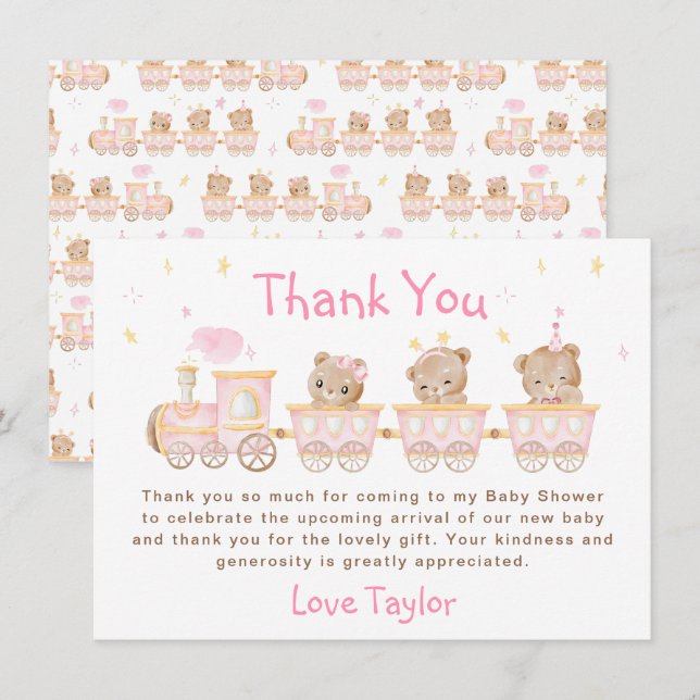 Cartão De Agradecimento Chá de Bebê Trem Rosa Urso (Frente/Verso)