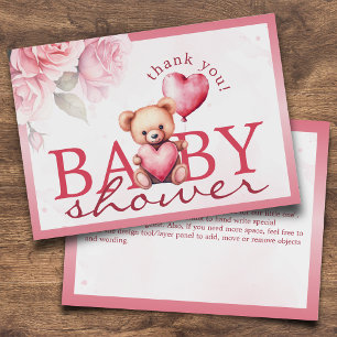 Cartão De Agradecimento Chá de Bebê Urso Teddy com Aquarela Rosa Plano