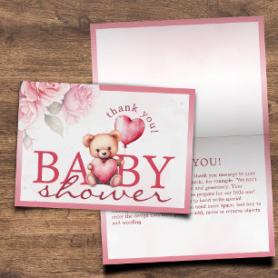 Cartão De Agradecimento Chá de Bebê Urso Teddy em Aquarela Rosa Dobrável