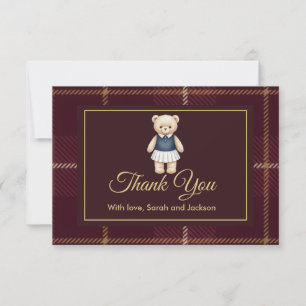 Cartão De Agradecimento Chá de Bebê Urso Teddy Polo Clássico Xadrez Preppy