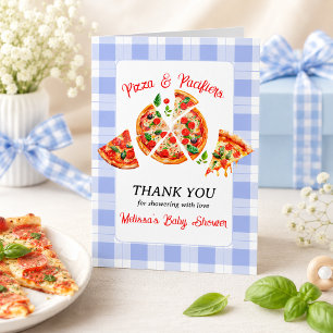 Cartão De Agradecimento Chá de Bebê Xadrez Azul Menino Pizza e Chupetas