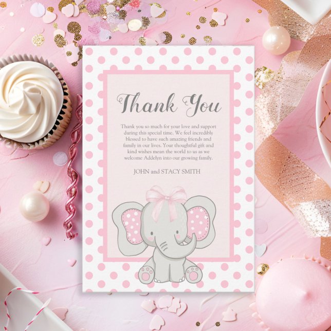 Cartão De Agradecimento Chá de Bolinhas Elefantes Rosa-Gelado (Cute pink and white polka dot baby girl elephant baby shower Thank You card.)