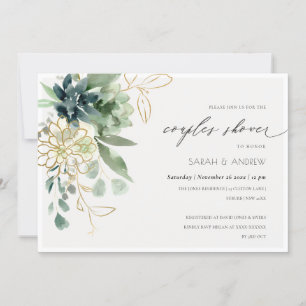 Cartão De Agradecimento Chá de Casais de Folhagem Suculenta Azul Dusky Con