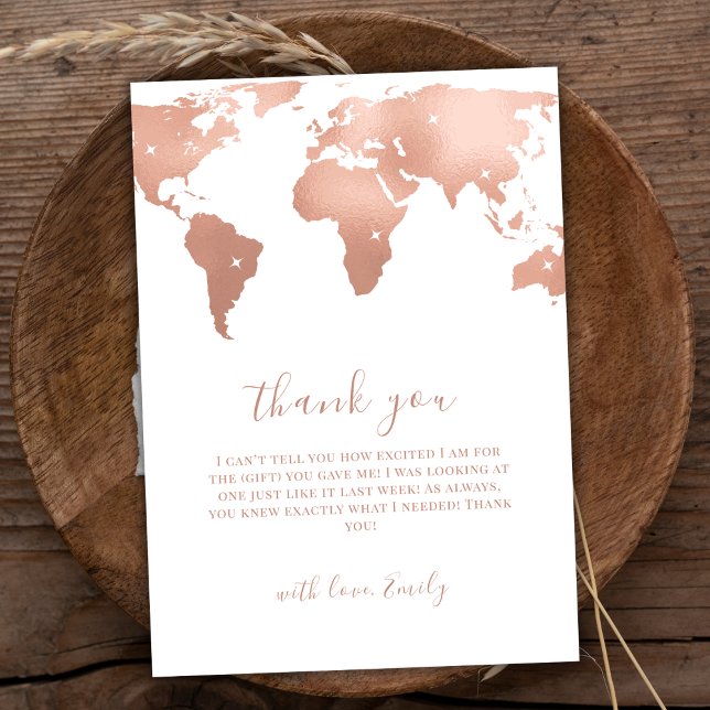 Cartão De Agradecimento Chá de fraldas Adventure do Viagem Map Dourado ros (Pink Gold World Map Travel Adventure Baby Shower Thank You Card)