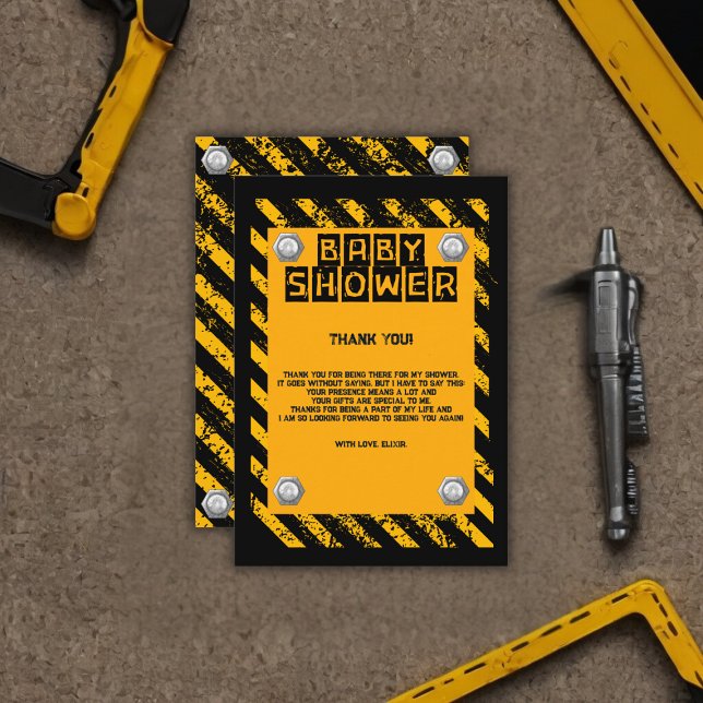 Cartão De Agradecimento Chá de fraldas Amarelo e Preto de Construção (Criador carregado)
