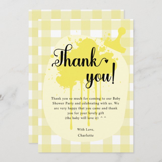 Cartão De Agradecimento Chá de fraldas Amarelo Gingham de Pastel Cujo (Frente/Verso)