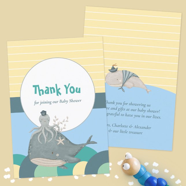 Cartão De Agradecimento Chá de fraldas Amarelo Octopus de Baleia Náutica A (Adorable Nautical Whale Squid Yellow Baby Shower Thank You Card ©Susanne Sachers - Sunny Mind Design)
