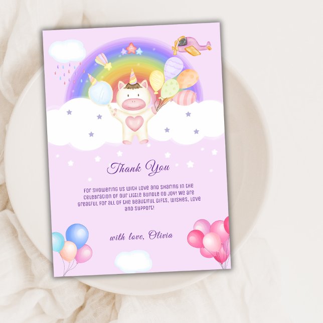 Cartão De Agradecimento Chá de fraldas Arco-Íris de Pastel Roxo (Purple Pastel Balloon Unicorn Rainbow Baby Shower Thank You Card)