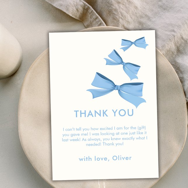 Cartão De Agradecimento Chá de fraldas Arco Voador Azul (Blue Little Flying Bow Boy Baby Shower Thank You Card)