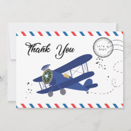Cartão De Agradecimento Chá de fraldas Azul De Avião Vintage Obrigado Yo