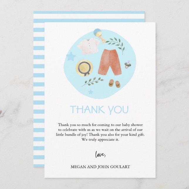 Cartão De Agradecimento Chá de fraldas Azul de Roupas Simples de Bebê (Frente/Verso)