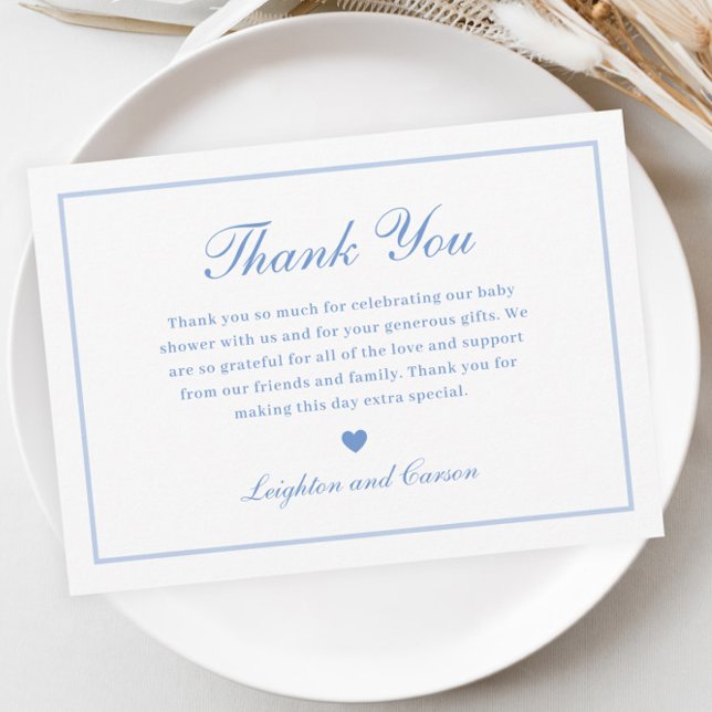 Cartão De Agradecimento Chá de fraldas Azul de Script Elegante (Elegant Script Blue Baby Shower Thank You Card.)