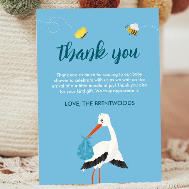 Cartão De Agradecimento Chá de fraldas Azul de Tempestade (Blue Thank you card template for baby shower or baby sprinkle with stork, bees and butterflies)