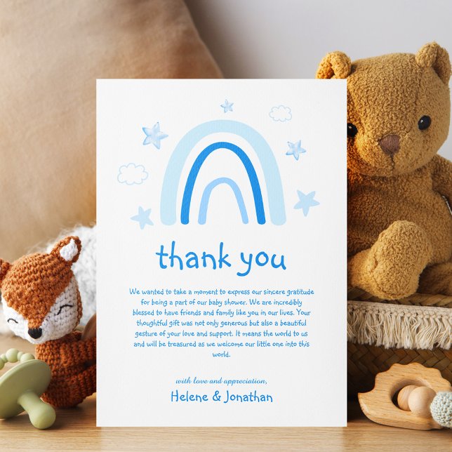 Cartão De Agradecimento Chá de fraldas Azul Elegante Cotovelo Curto (Cute Rainbow Watercolor Elegant Blue Baby Shower Thank You Card)