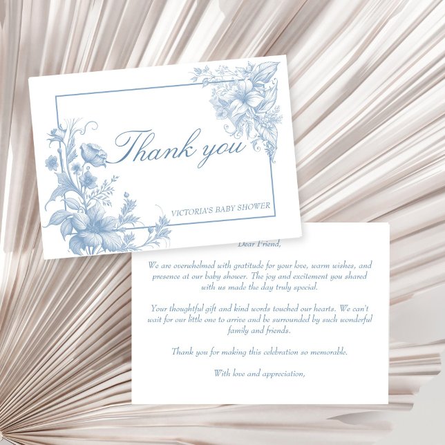 Cartão De Agradecimento Chá de fraldas azul empoeirado Elegante (Elegant French toile botanical dusty blue baby shower thank you card boy baby shower thank you cards)