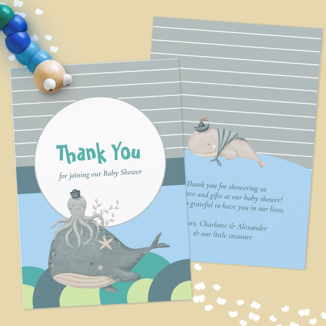 Cartão De Agradecimento Chá de fraldas Azul Octopus de Baleia Náutica Doce (Sweet Nautical Whale Squid Blue Baby Shower Thank You Card ©Susanne Sachers - Sunny Mind Design 🌞)