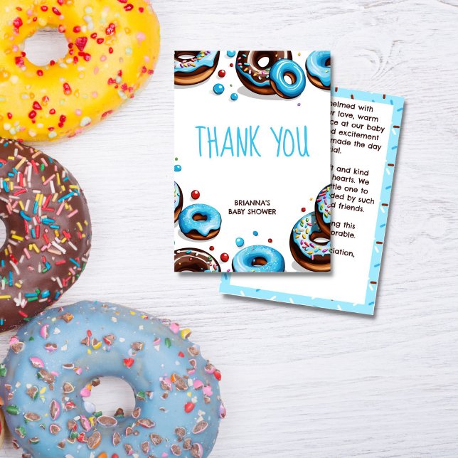 Cartão De Agradecimento chá de fraldas azul-rosquinha e fraldas (Donuts and diapers blue brown donuts and sprinkles baby shower thank you cards)