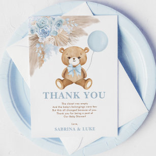 Cartão De Agradecimento Chá de fraldas Balão de Urso Azul Dusty
