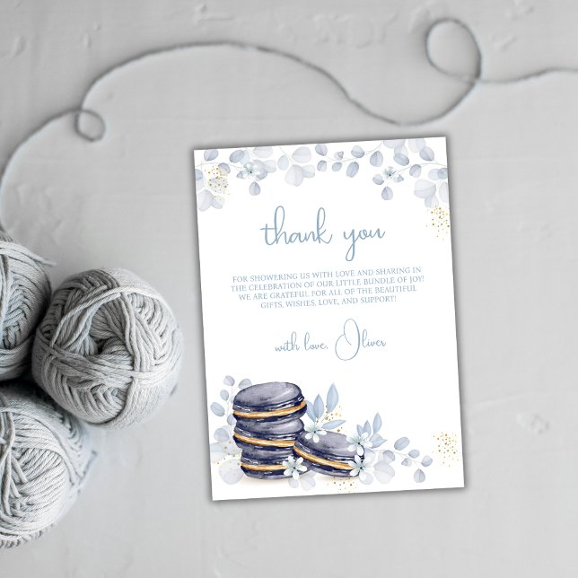 Cartão De Agradecimento Chá de fraldas Blue Floral Bonjour Bébé Macaron (Blue Floral Bonjour Bébé Macaron Baby Shower Thank You Card)