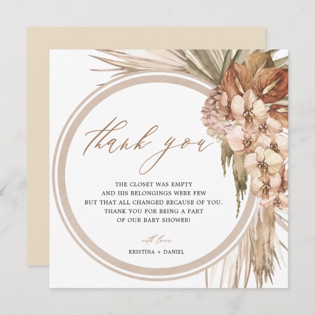 Cartão De Agradecimento Chá de fraldas Bohemian Pampas Grass Obrigado (Frente/Verso)