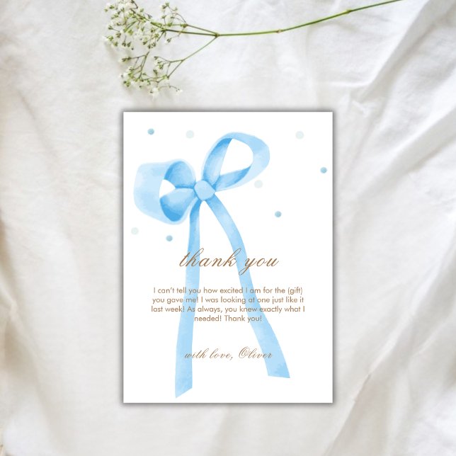 Cartão De Agradecimento Chá de fraldas Bolinhas simples azul (Blue Simple Polka Dot Bow Baby Shower Thank You Card)