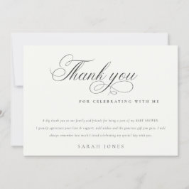 Cartão De Agradecimento Chá de fraldas branco preto de script mínimo simpl