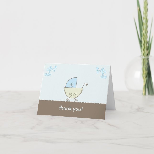 Cartão De Agradecimento Chá de fraldas carruagem Obrigado - Azul e Verde (Frente)