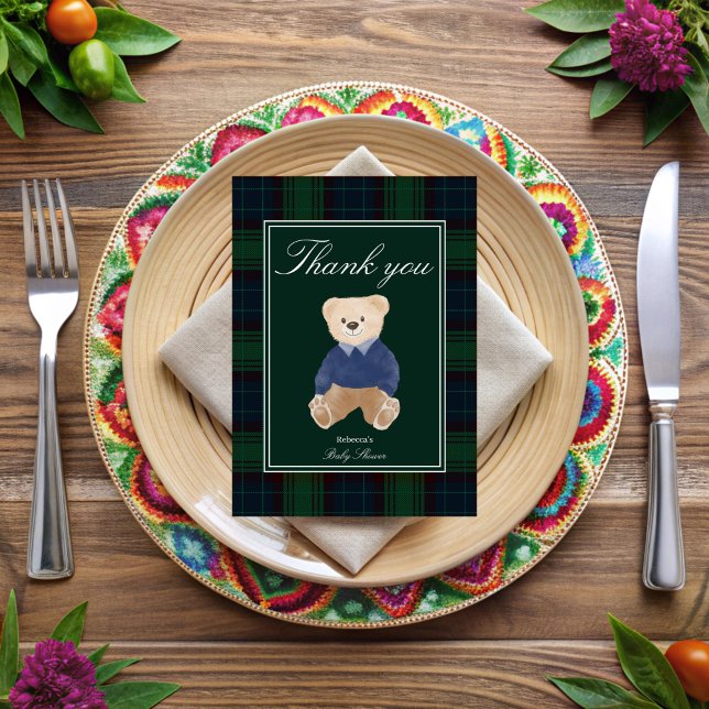 Cartão De Agradecimento Chá de fraldas clássico de xadrez de espera inicia (Bearly wait classic green plaid polo teddy bear baby shower thank you cards)