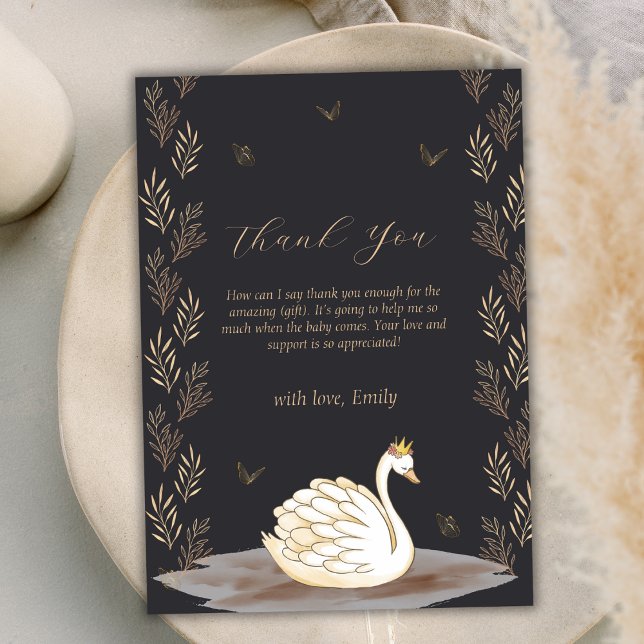 Cartão De Agradecimento Chá de fraldas da borboleta Swan, princesa Dourada (Black Gold Princess Swan Butterfly Baby Shower Thank You Card)