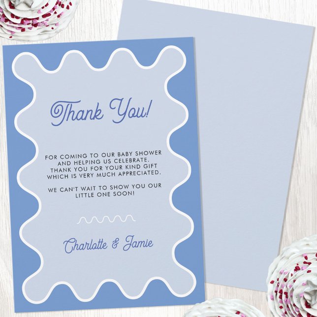 Cartão De Agradecimento Chá de fraldas da borda da curva azul-ondulada ret (Retro modern wavy curve border blue baby shower thank you card)
