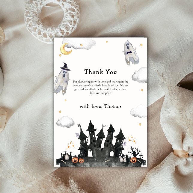 Cartão De Agradecimento Chá de fraldas da Casa Fantasma da Pequena Cama de (Cute Watercolor Little Boo Ghost House Baby Shower Thank You Card)
