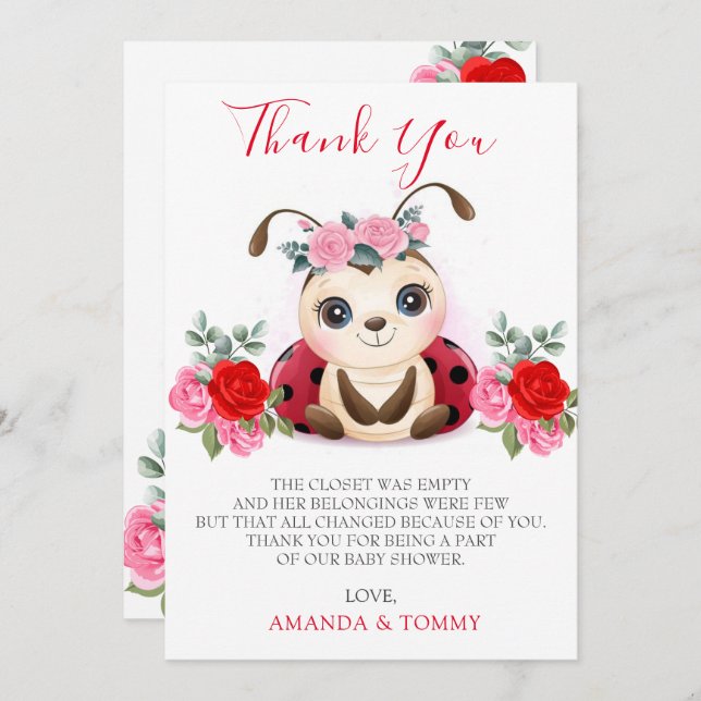 Cartão De Agradecimento Chá de fraldas Da Menina Ladybug Obrigado (Frente/Verso)