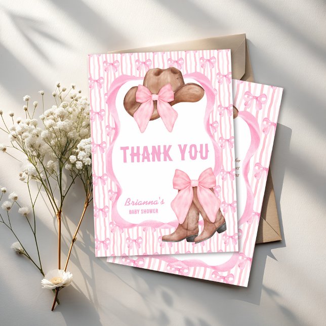 Cartão De Agradecimento Chá de fraldas das raparigas arco rosa-taquinha (Cowgirl pink bow ribbon coquette western girls baby shower thank you cards boots and bows)