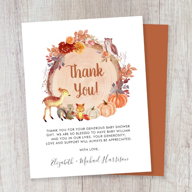 Cartão De Agradecimento Chá de fraldas De Animais Da Pumpkin Woodland (Criador carregado)