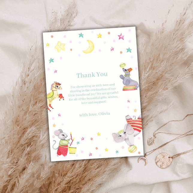 Cartão De Agradecimento Chá de fraldas de animais do circo de Rico-cúmulo (Cute Fancy Circus Carnival Animals Baby Shower Thank You Card)