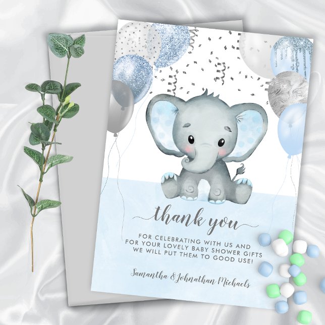 Cartão De Agradecimento Chá de fraldas de Aquarela de Elefante (Blue Elephant Baby Shower Thank You Card)