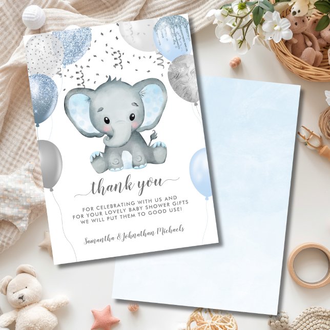 Cartão De Agradecimento Chá de fraldas de Aquarela de Elefante (Elephant Boy Balloons Watercolor Baby Shower Thank You Card)