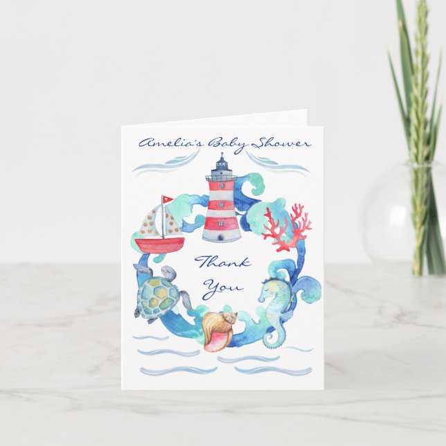 Cartão De Agradecimento Chá de fraldas de Aquarela Náutica Neutra do Gêner (Frente)