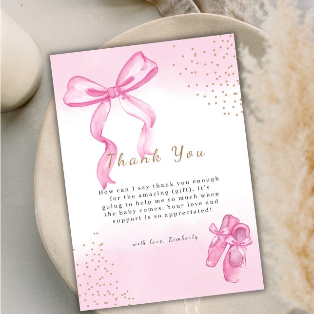 Cartão De Agradecimento Chá de fraldas de Arco Elegante de Ballerina minim (Minimalist Elegant Ballerina Shoes Bow Baby Shower Thank You Card)